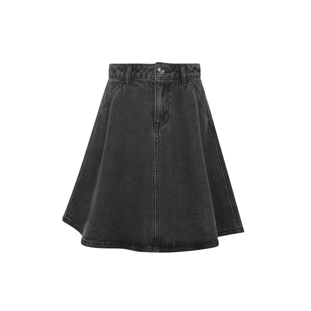 A black washed denim A-line mini skirt with a button closure and belt loops, shown against a plain white background.