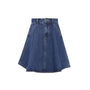 A blue denim A-line skirt with a high waist, belt loops, front button closure, and contrast stitching, shown flat on a white background.