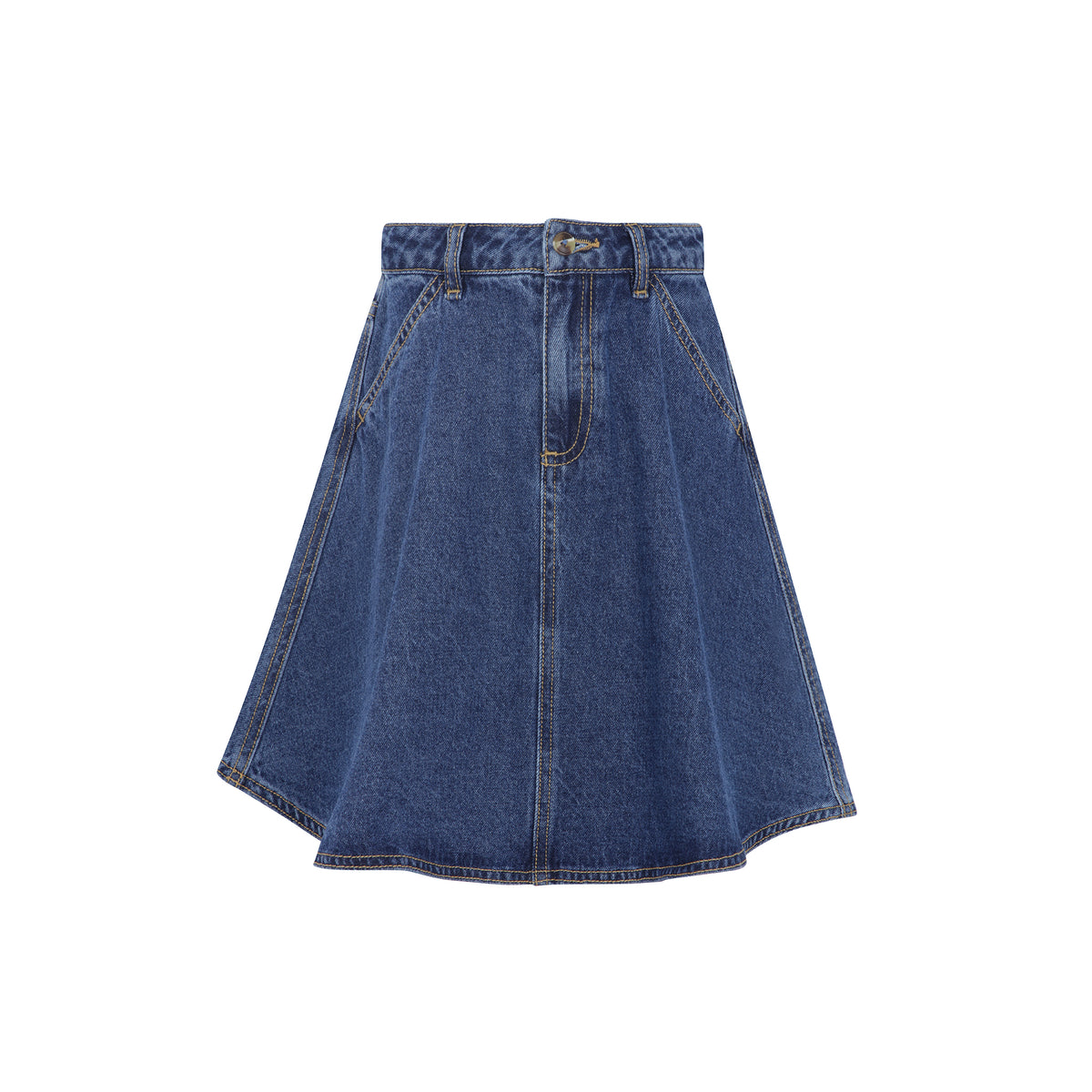 A blue denim A-line skirt with a high waist, belt loops, front button closure, and contrast stitching, shown flat on a white background.