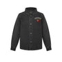 A dark gray washed denim shirt with a button-up front, stand collar, and a small embroidered patch on the left chest reading 'Little Parni' with a red heart lock design, shown on a plain white background.