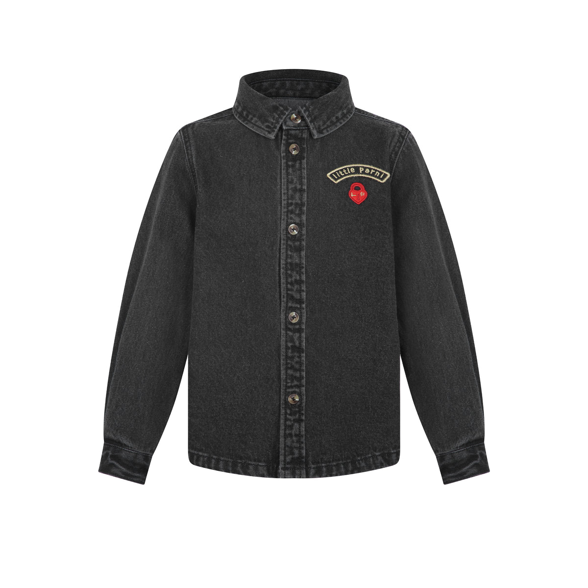 A dark gray washed denim shirt with a button-up front, stand collar, and a small embroidered patch on the left chest reading 'Little Parni' with a red heart lock design, shown on a plain white background.