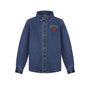 A blue denim button-up shirt jacket with a pointed collar, long sleeves, and a small embroidered patch on the left chest featuring a red skull and the words 'Little Parni'.