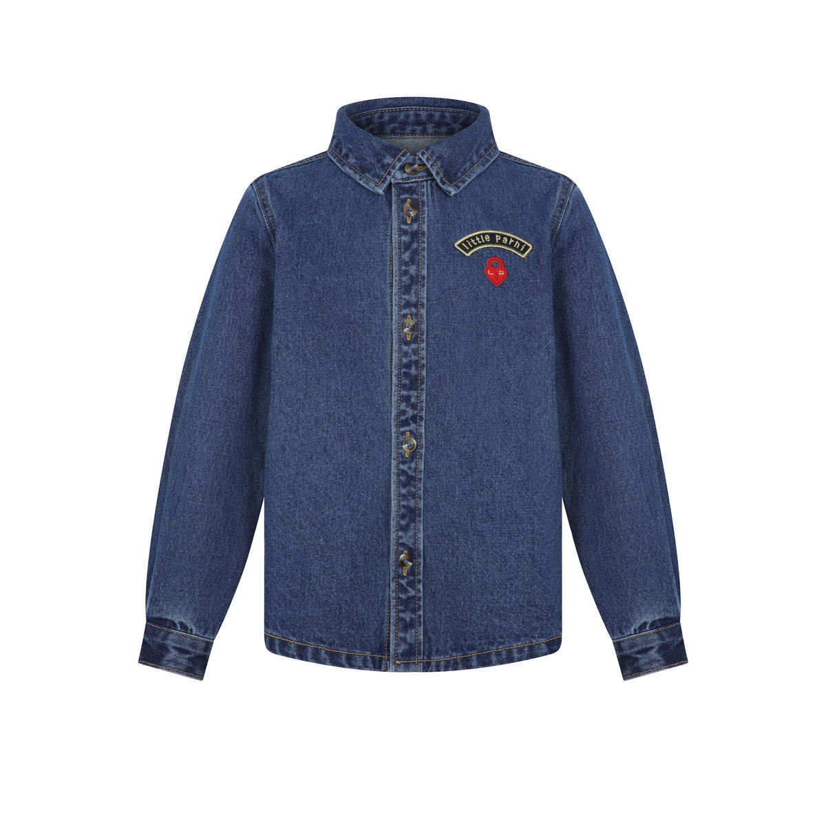 A blue denim button-up shirt jacket with a pointed collar, long sleeves, and a small embroidered patch on the left chest featuring a red skull and the words 'Little Parni'.