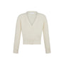 An off-white ribbed knit cardigan sweater with a V-neck, button-up front, and long sleeves, shown against a plain white background.