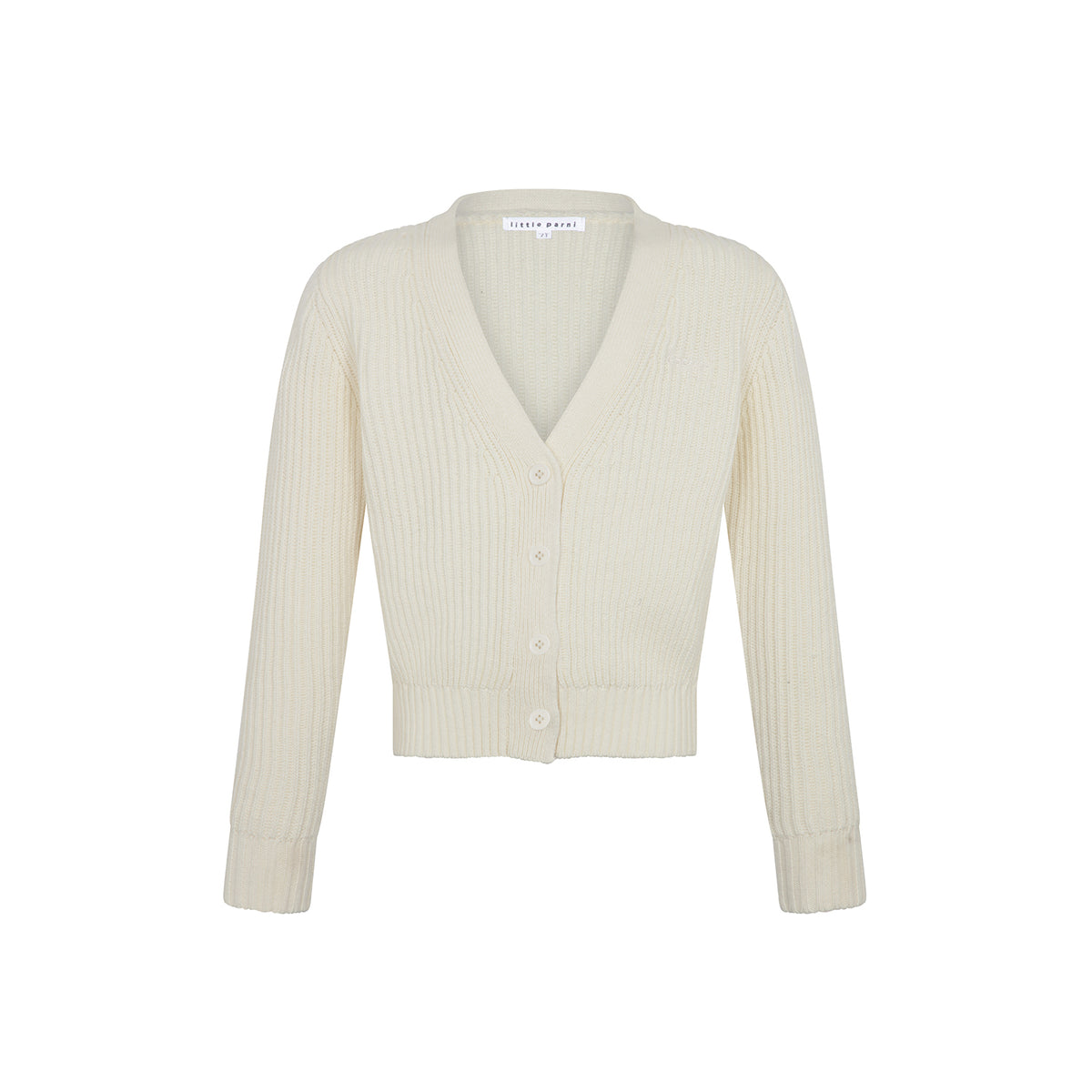 An off-white ribbed knit cardigan sweater with a V-neck, button-up front, and long sleeves, shown against a plain white background.