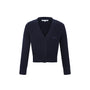 A dark navy blue ribbed knit cardigan with a V-neck, three-button closure, and long sleeves, shown on a plain white background.