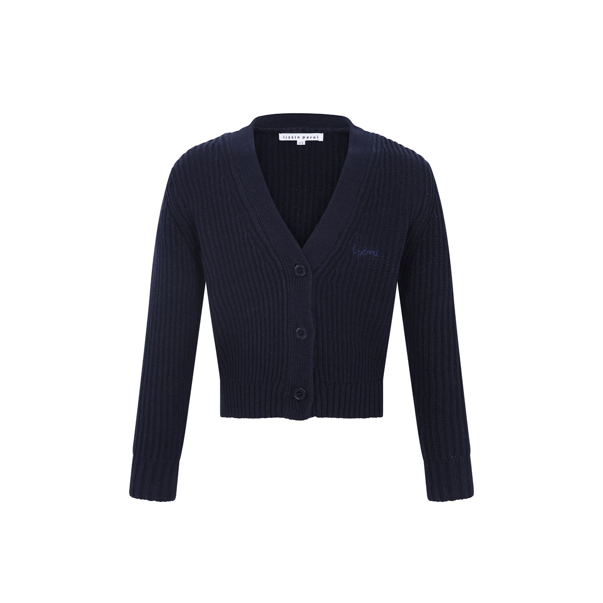 A dark navy blue ribbed knit cardigan with a V-neck, three-button closure, and long sleeves, shown on a plain white background.