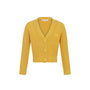 A yellow ribbed knit cardigan sweater with a V-neck, three front buttons, and long sleeves, shown on a plain white background.