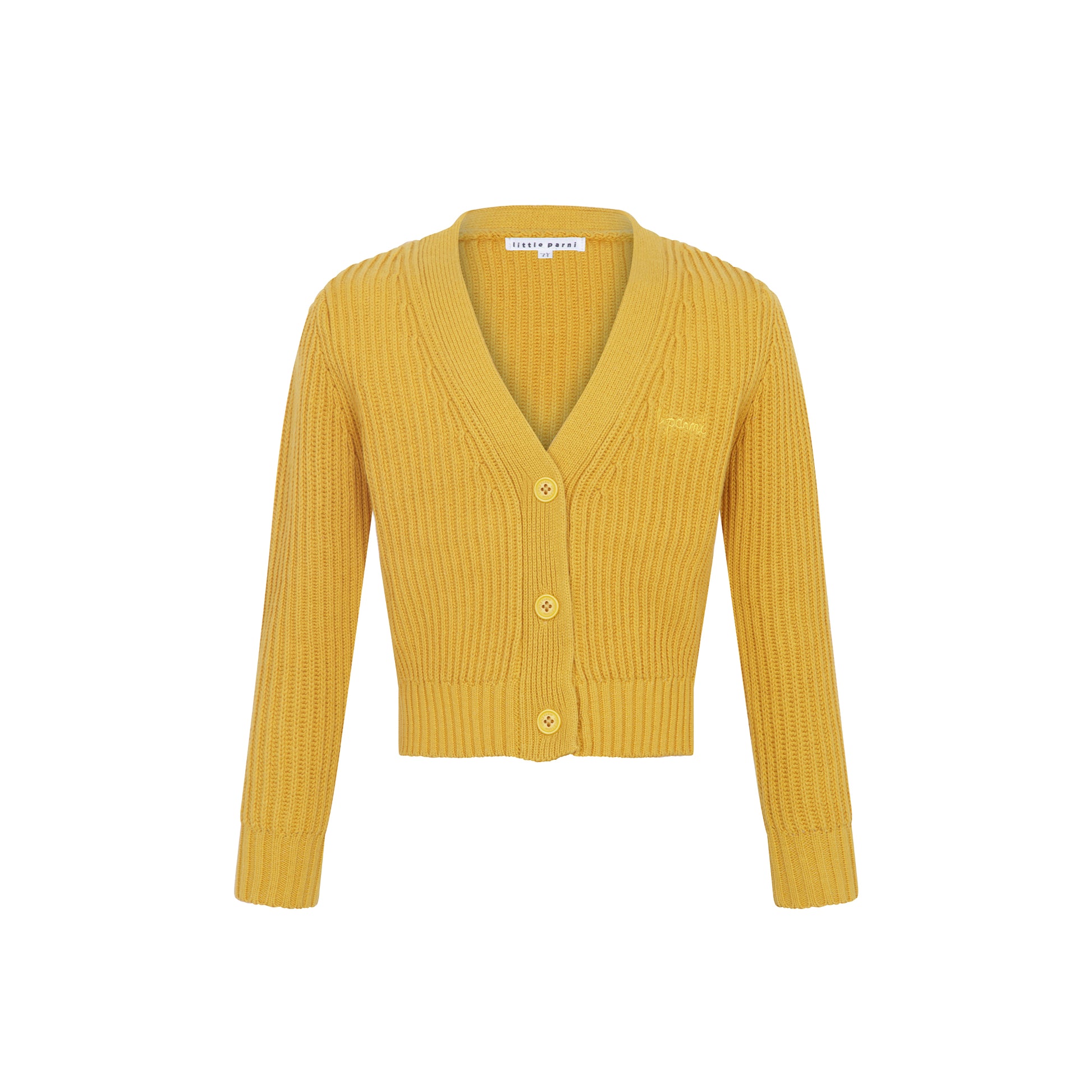 A yellow ribbed knit cardigan sweater with a V-neck, three front buttons, and long sleeves, shown on a plain white background.