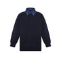 A dark navy long-sleeve rugby shirt with a contrasting blue denim-style collar, shown against a plain white background.