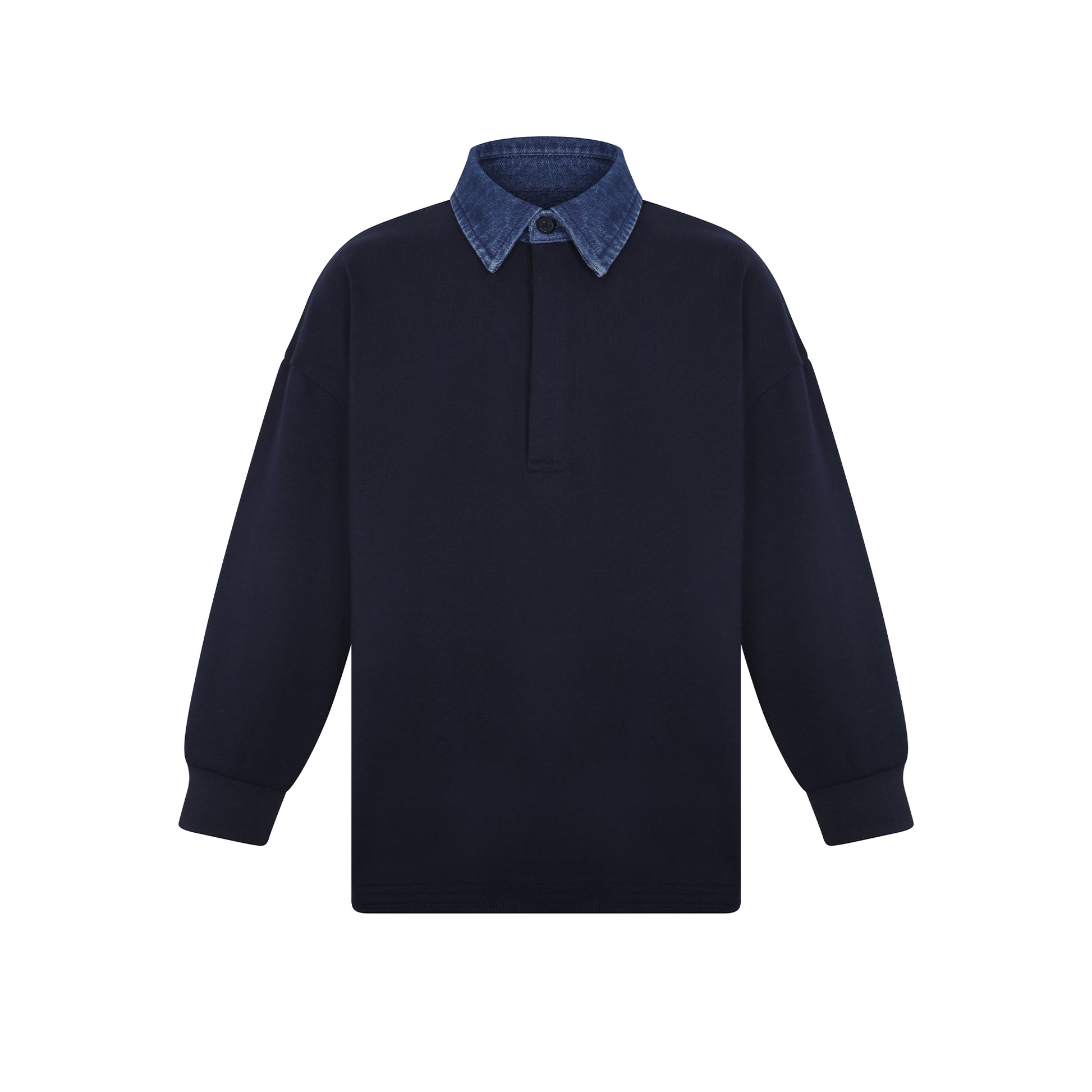 A dark navy long-sleeve rugby shirt with a contrasting blue denim-style collar, shown against a plain white background.