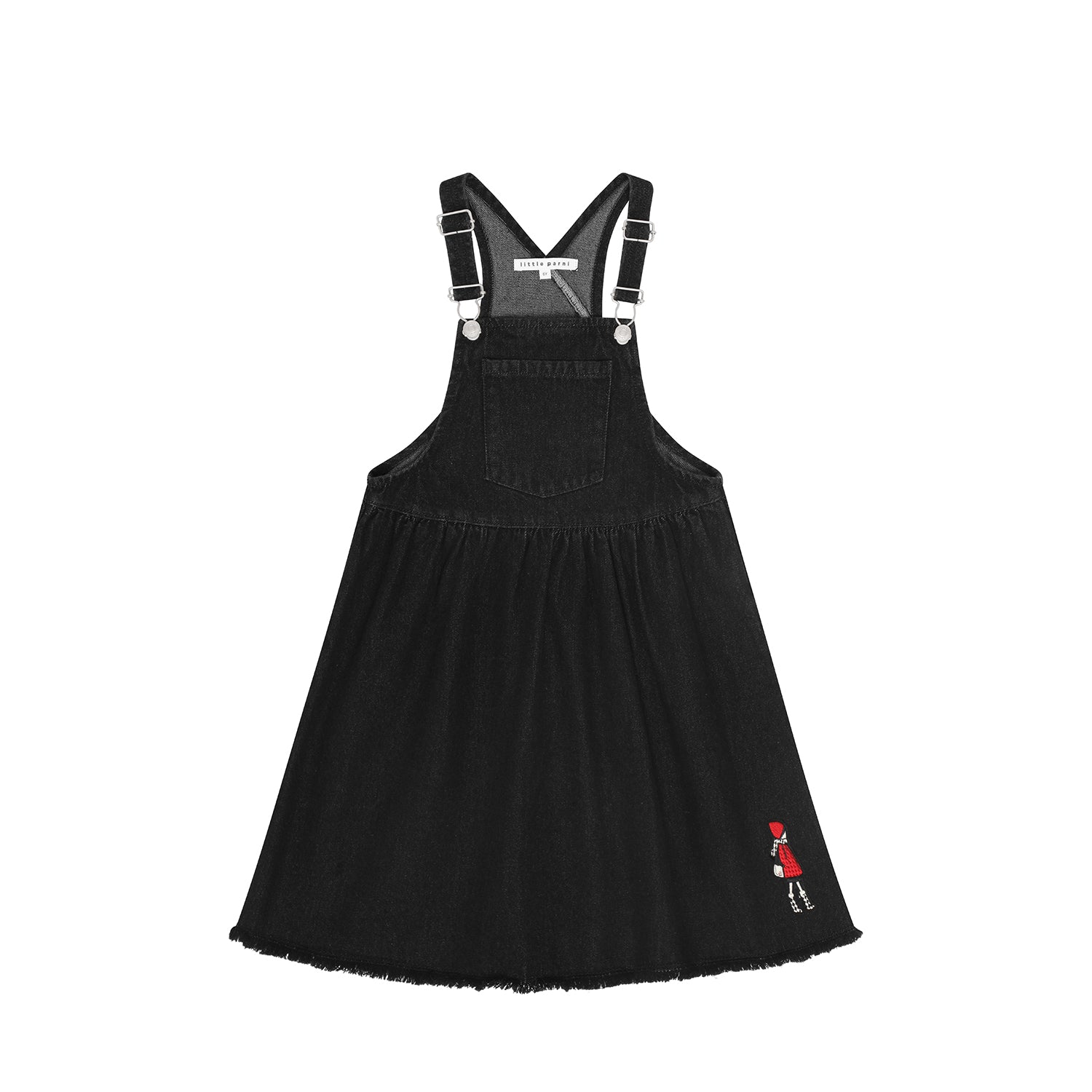 A black denim overall dress for kids, featuring adjustable shoulder straps with silver metal buttons, a front patch pocket, and a small embroidered character on the lower left hem.