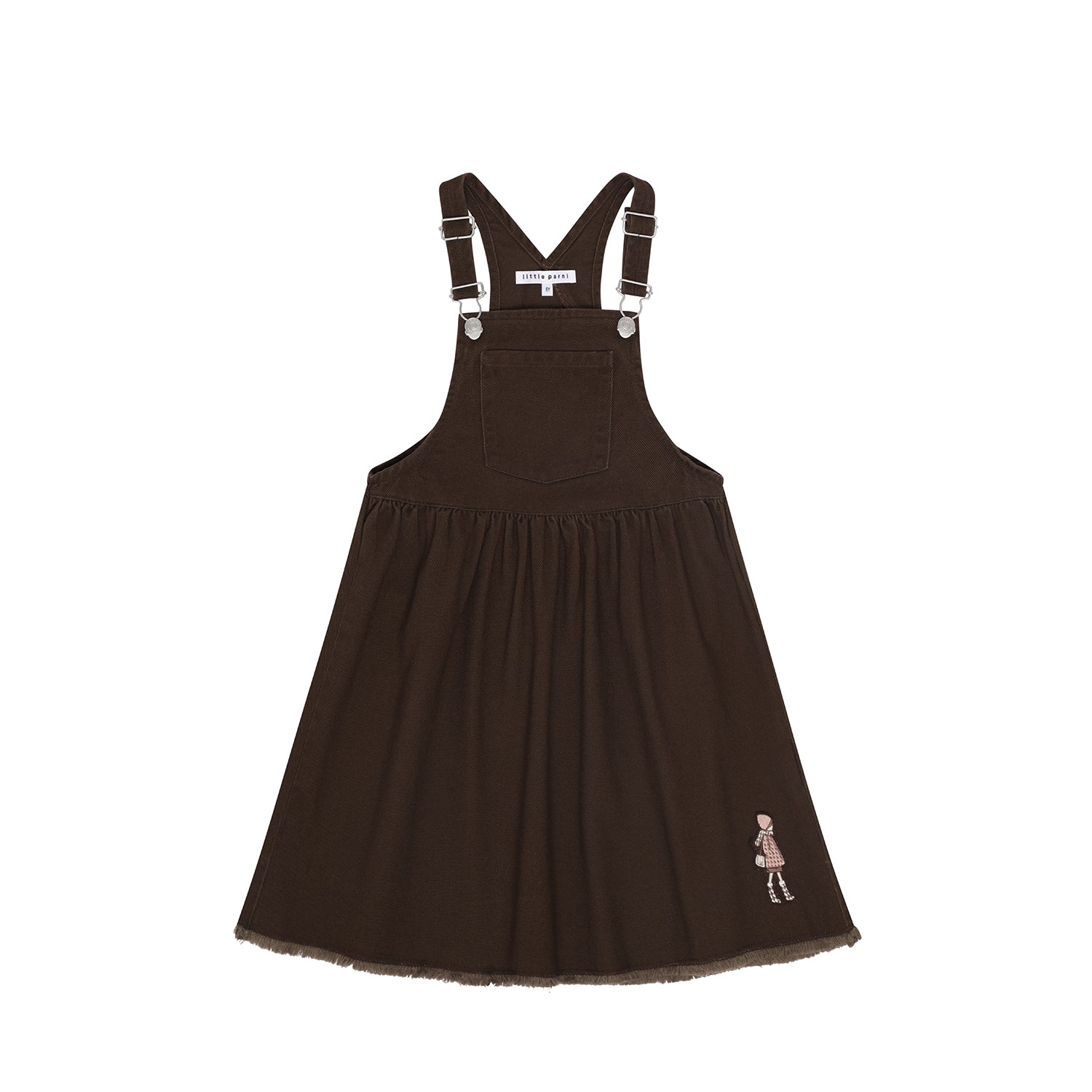 A dark brown corduroy pinafore dress with adjustable shoulder straps, a gathered waist, and a small embroidered character on the lower left hem, shown against a plain white background.