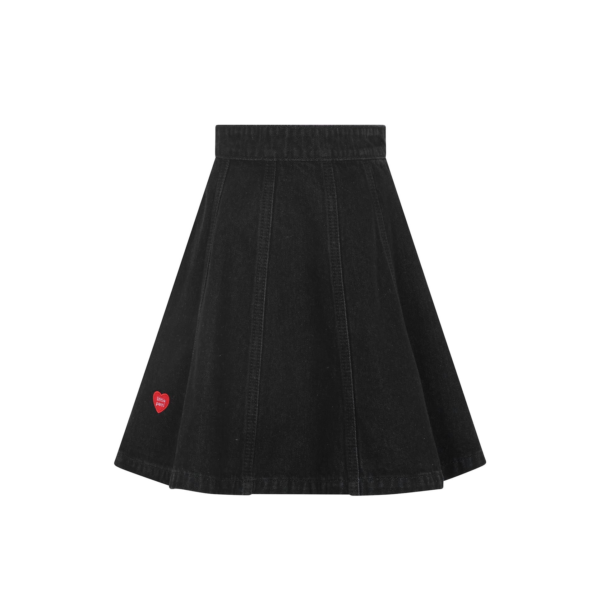A black denim A-line skirt with a small red heart patch on the lower left side, shown against a plain white background.