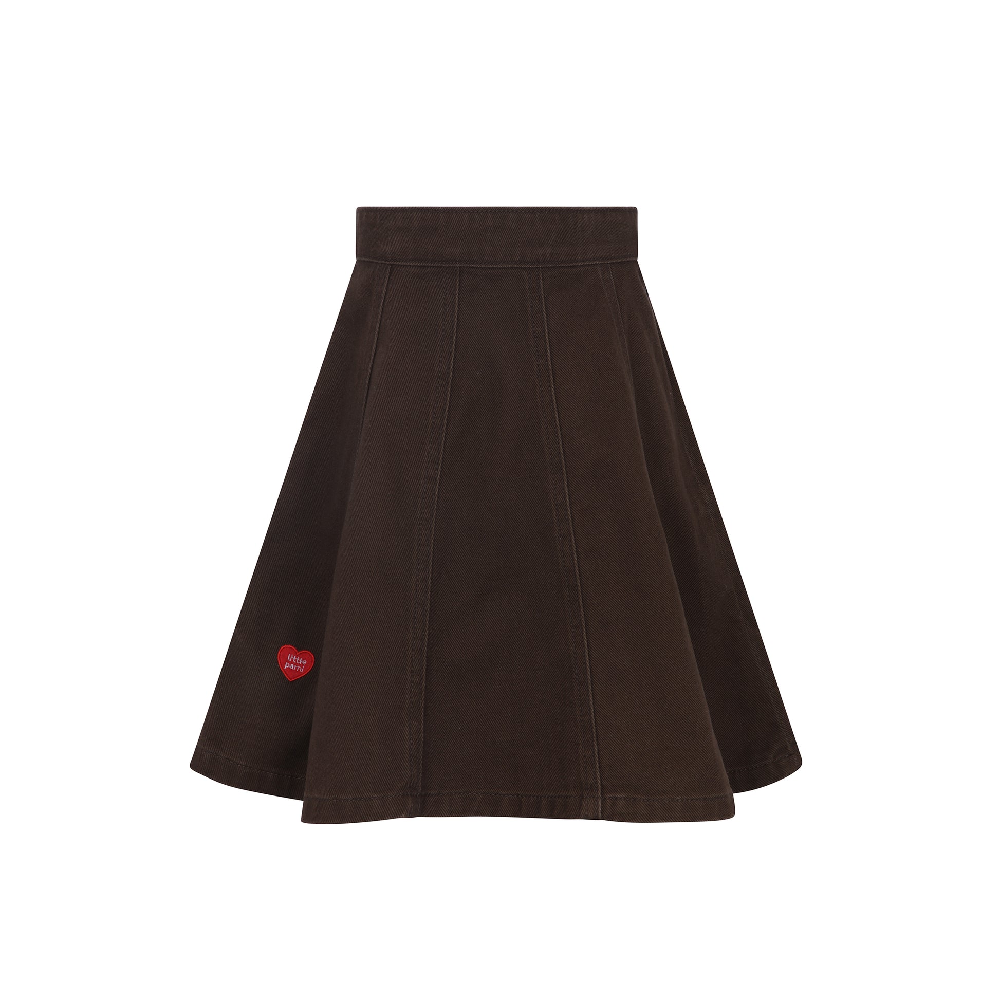 A dark brown flared skirt with a small red heart patch on the lower left side, shown against a plain white background.