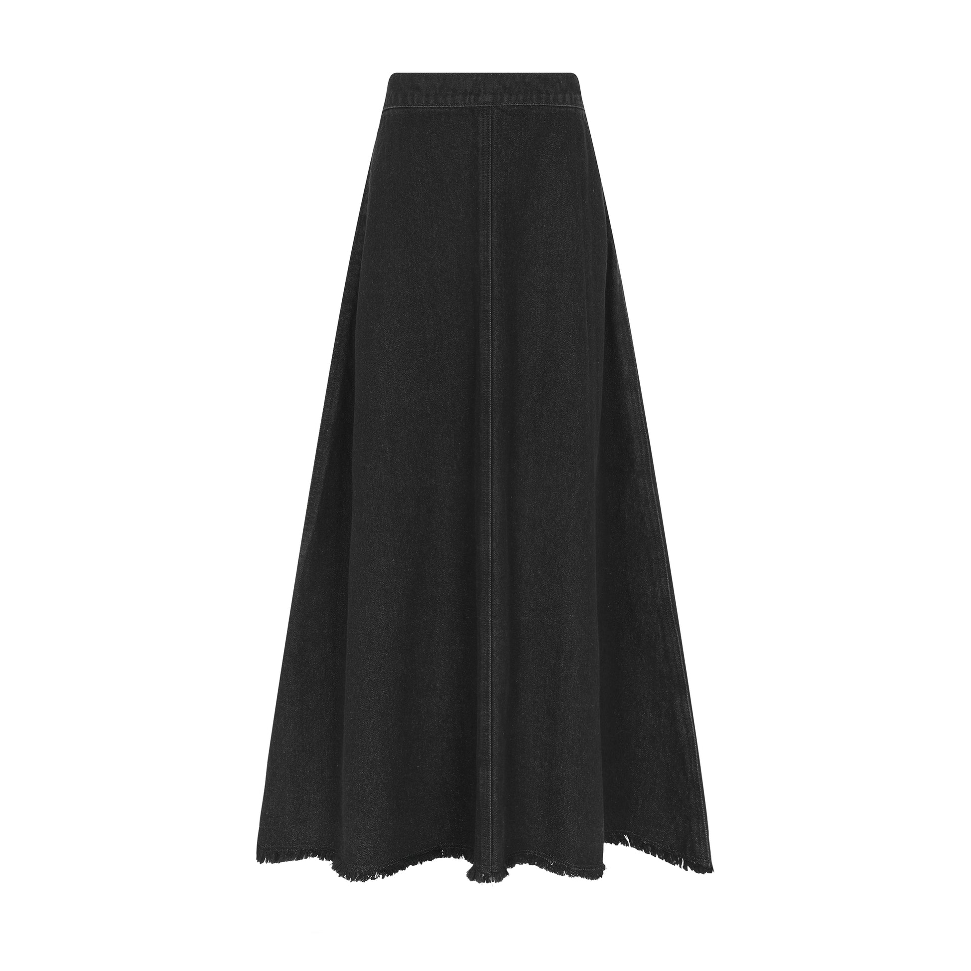 Grey maxi denim skirt with rough edge hem.