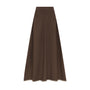 A dark brown A-line midi skirt with a subtle textured weave and a frayed hem, shown flat against a solid white background.