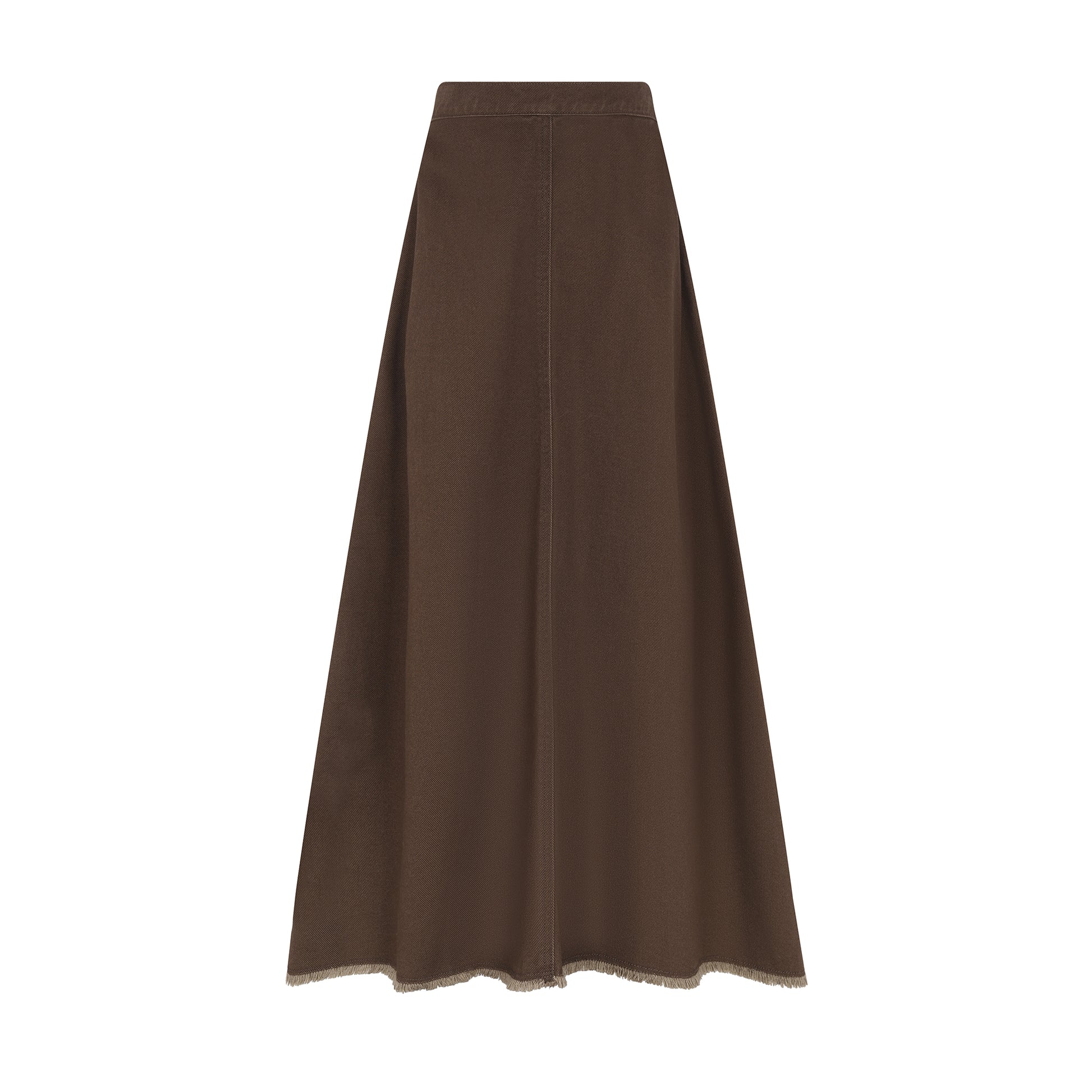 A dark brown A-line midi skirt with a subtle textured weave and a frayed hem, shown flat against a solid white background.