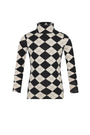 A long-sleeve mock neck turtleneck sweater featuring a black and cream argyle pattern, displayed on a clean white background.