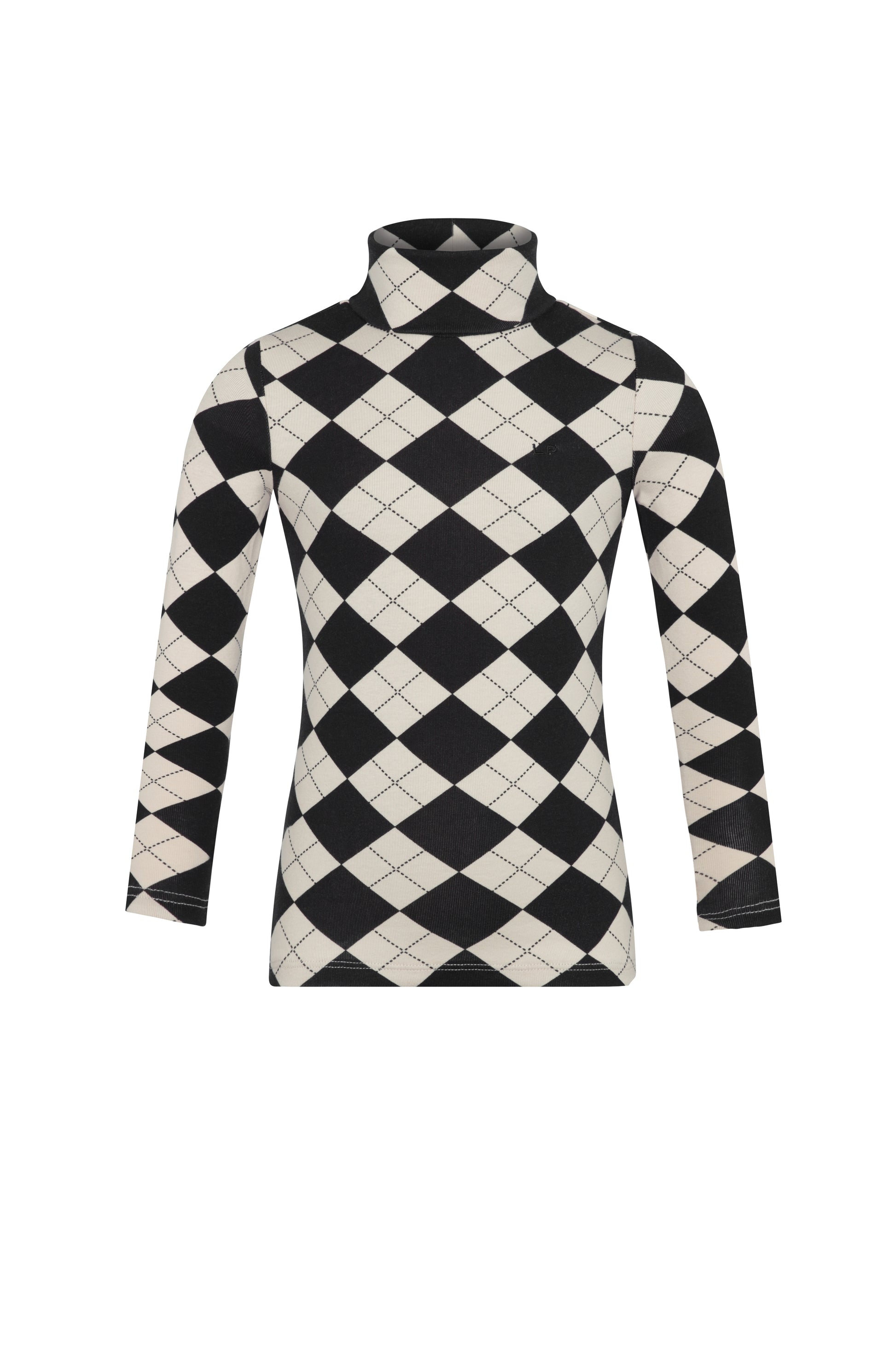 A long-sleeve mock neck turtleneck sweater featuring a black and cream argyle pattern, displayed on a clean white background.