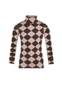 A long-sleeve mock neck sweater featuring a brown and dusty pink argyle diamond pattern, displayed on a clean white background.