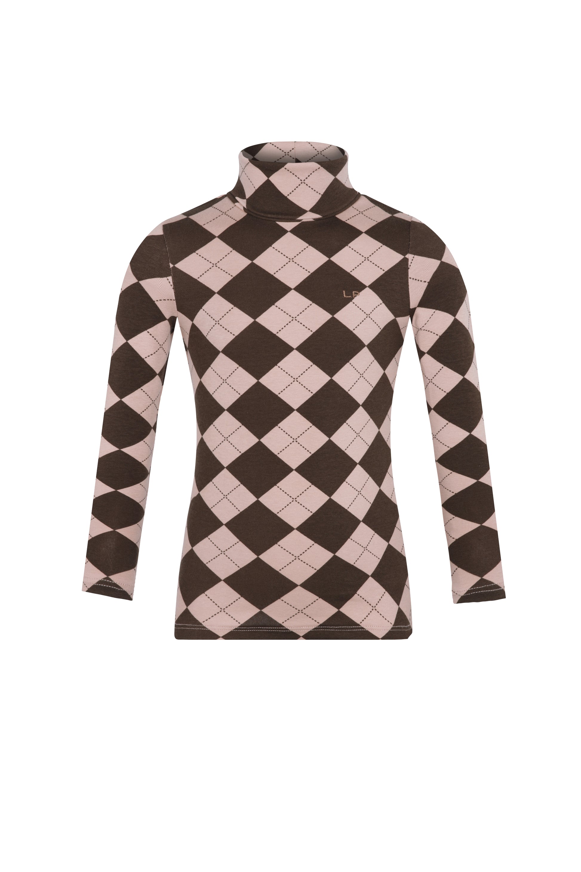 A long-sleeve mock neck sweater featuring a brown and dusty pink argyle diamond pattern, displayed on a clean white background.