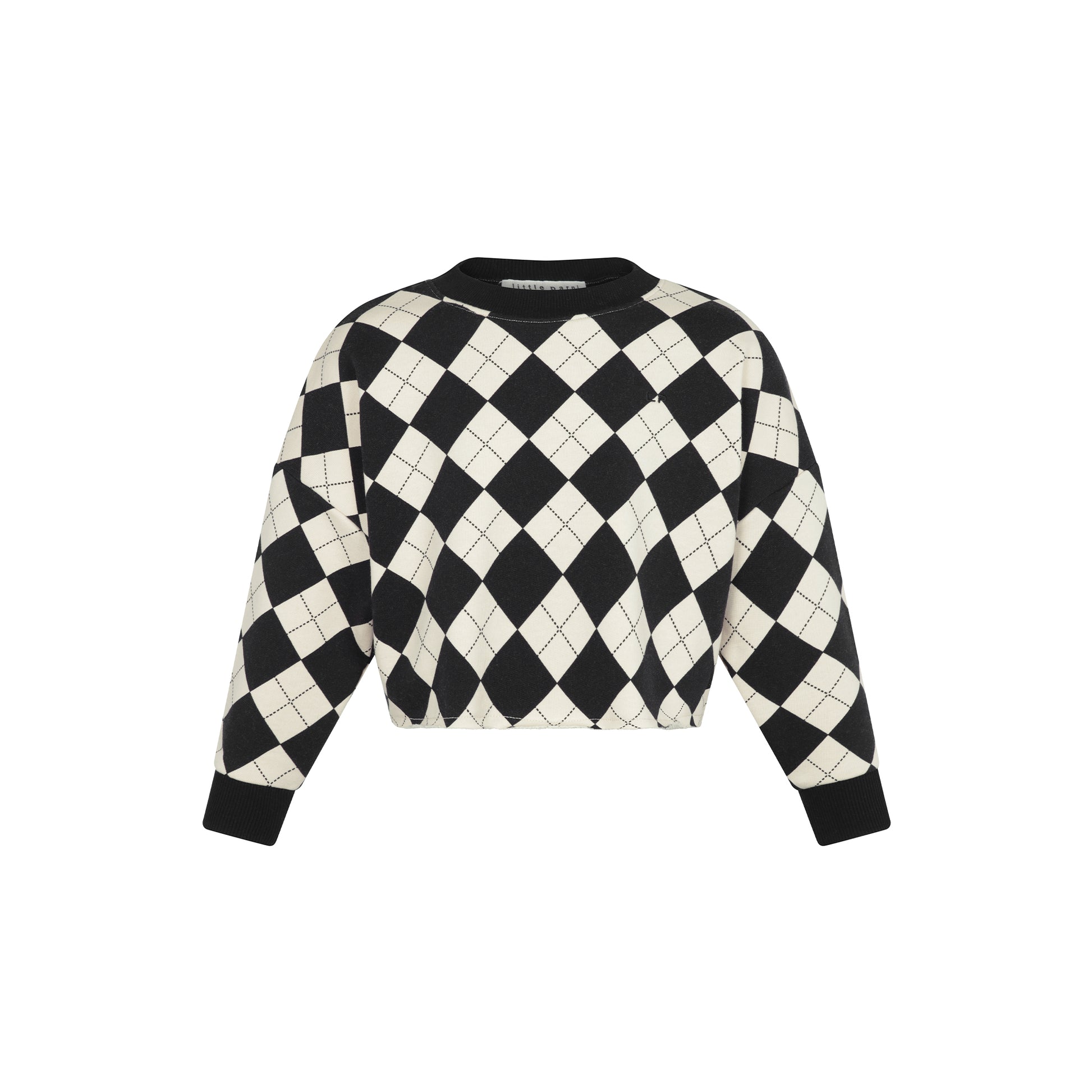 A cropped long-sleeve knit sweater with a black and off-white argyle pattern, featuring solid black ribbed cuffs and collar, shown against a plain white background.