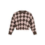 A cropped long-sleeve crewneck sweater featuring a brown and dusty pink argyle pattern, shown against a plain white background.