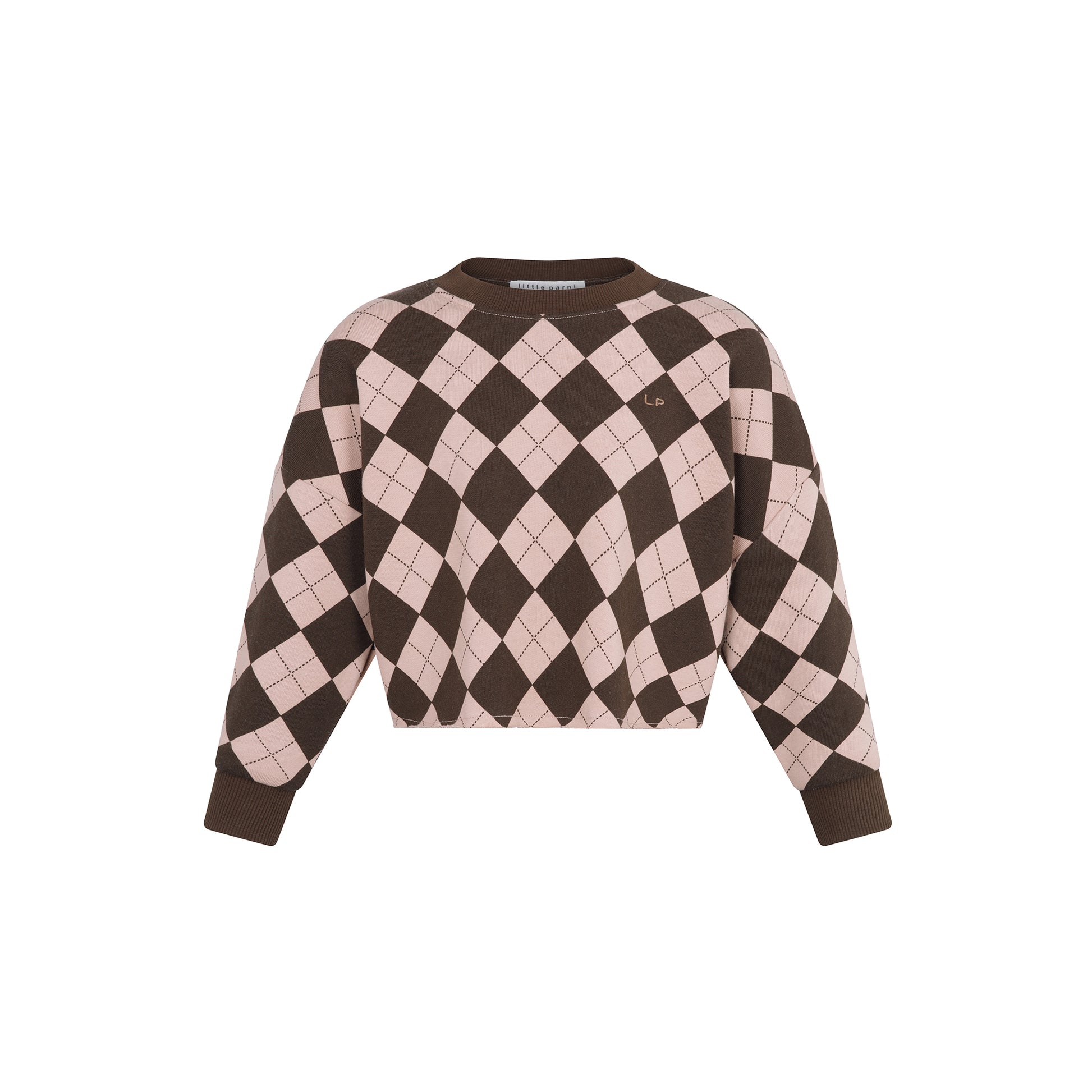 A cropped long-sleeve crewneck sweater featuring a brown and dusty pink argyle pattern, shown against a plain white background.
