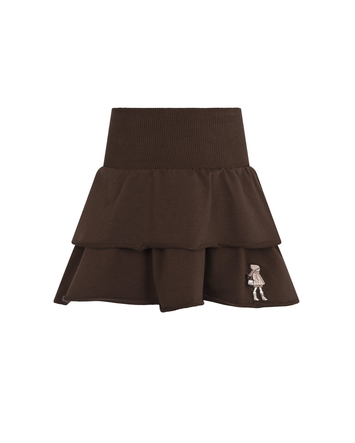 A dark brown tiered ruffle mini skirt with a ribbed waistband and a small embroidered character on the lower right hem, shown against a plain white background.