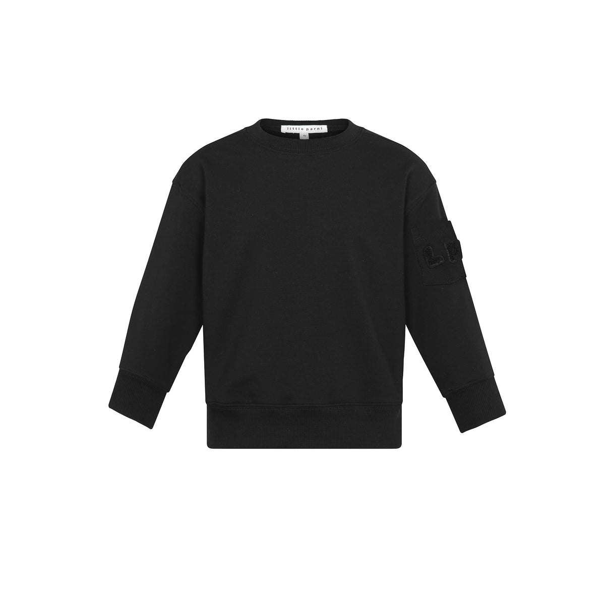 A black crewneck sweatshirt with a unique sleeve pocket featuring a black strap and buckle closure, displayed on a clean white background.