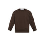 A dark brown ribbed crewneck sweatshirt with a sleeve pocket and a small brown patch detail, shown flat on a white background.