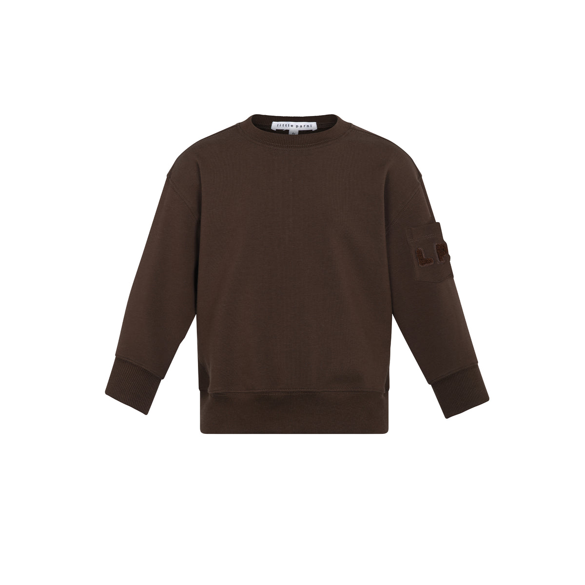 A dark brown ribbed crewneck sweatshirt with a sleeve pocket and a small brown patch detail, shown flat on a white background.