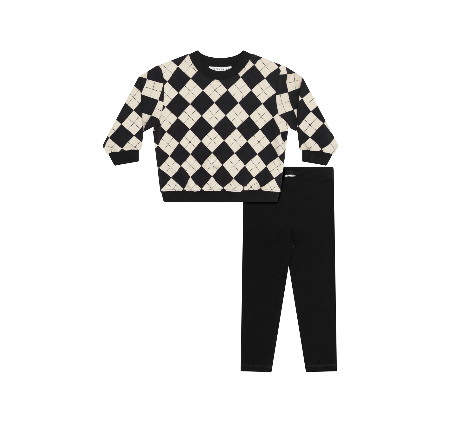 A children's two-piece outfit set featuring a black and cream argyle sweater with long sleeves, paired with solid black pants, shown on a plain white background.