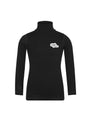 A black long-sleeve turtleneck top with a small white embroidered logo on the left chest, displayed on a clean white background.
