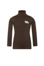 A dark brown long-sleeve turtleneck top with a small white embroidered logo on the left chest, displayed on a clean white background.