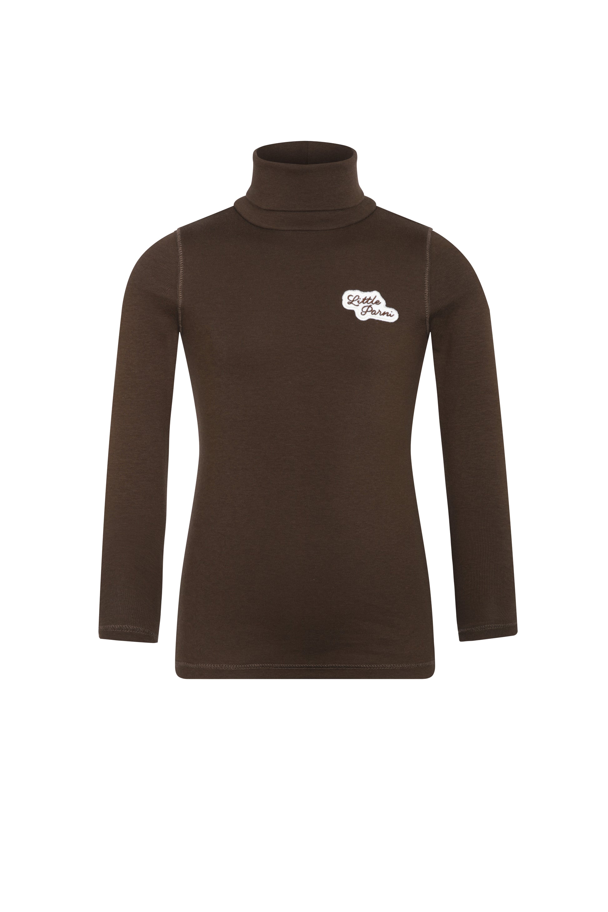 A dark brown long-sleeve turtleneck top with a small white embroidered logo on the left chest, displayed on a clean white background.