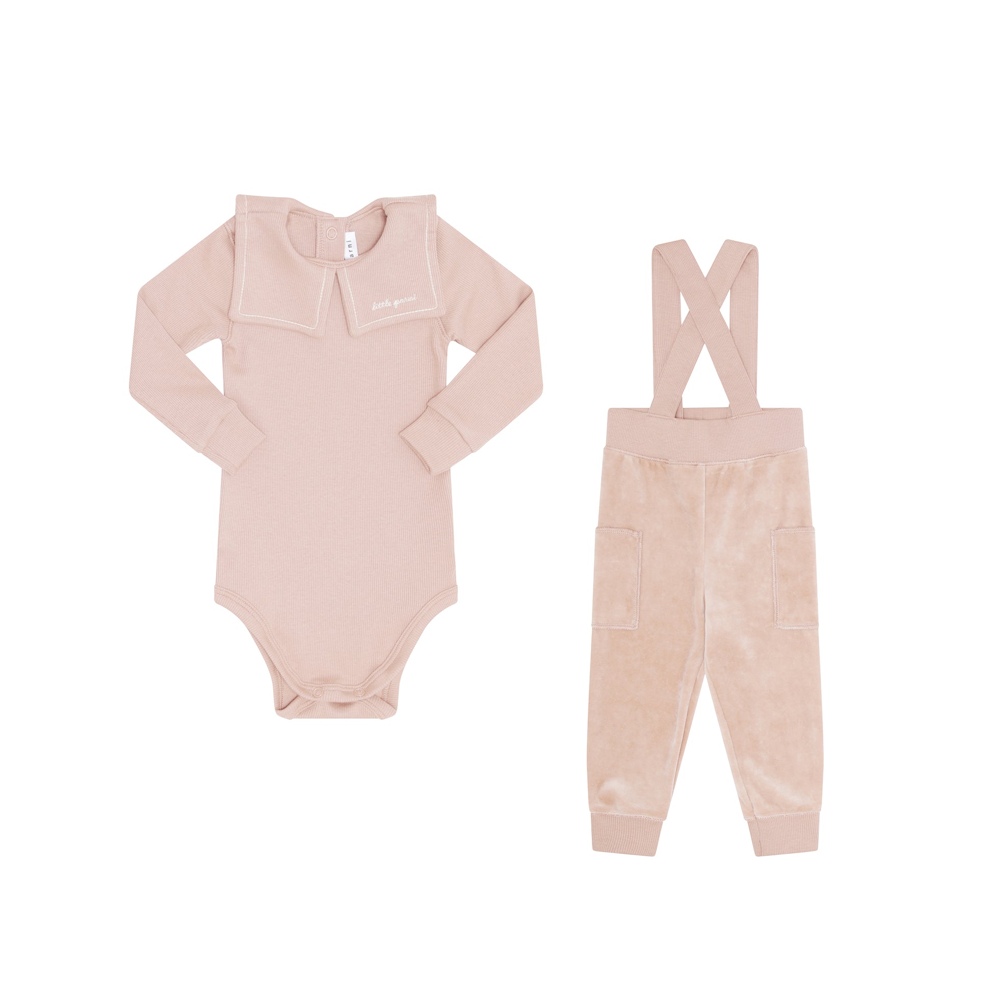 A two-piece baby clothing set in a soft dusty pink color, featuring a long-sleeve bodysuit with a Peter Pan collar on the left and matching corduroy-style pants with shoulder straps on the right, laid flat against a white background.