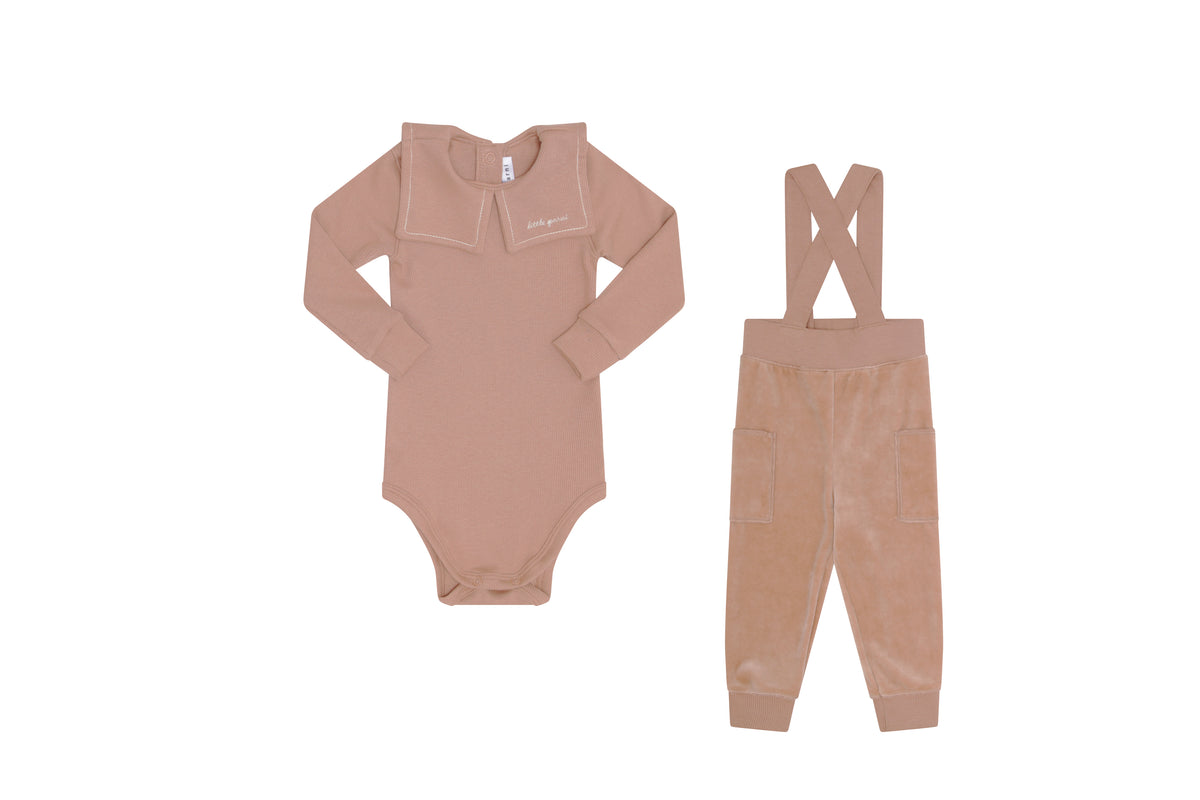 Embroidered Collar Velour Overall Set