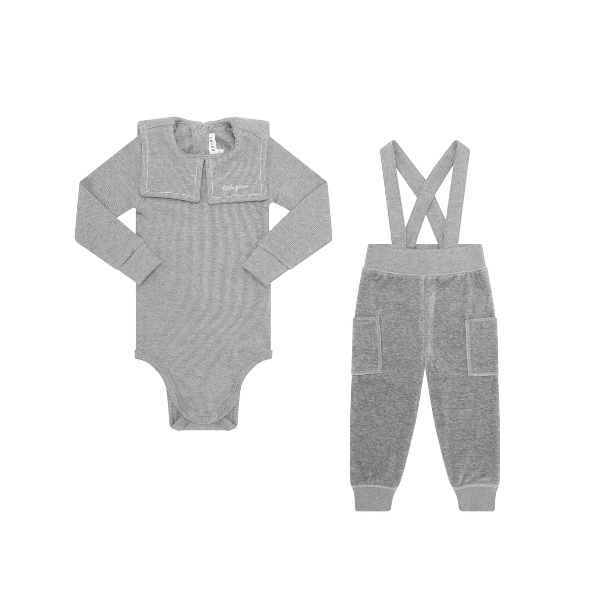 Embroidered Collar Velour Overall Set