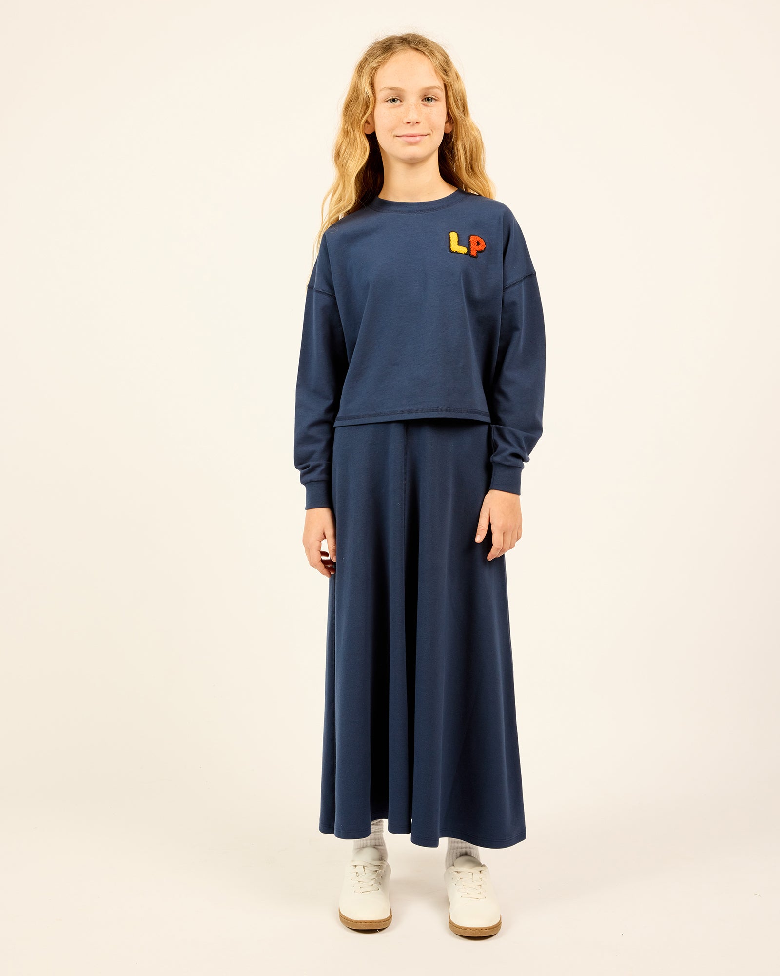 model wearing the teen blue Teen Maxi Skirt.