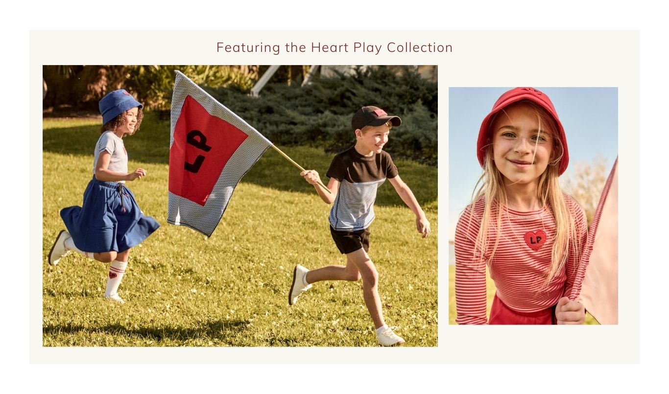 Two children playing outdoors with a flag, one inset photo of a girl wearing a red hat and pink shirt.