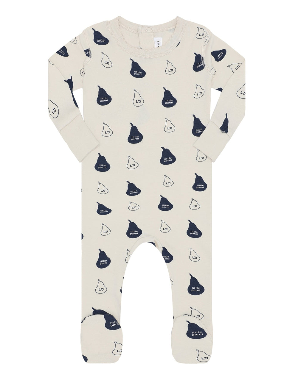 Baby onesie with navy pear pattern on a white background.