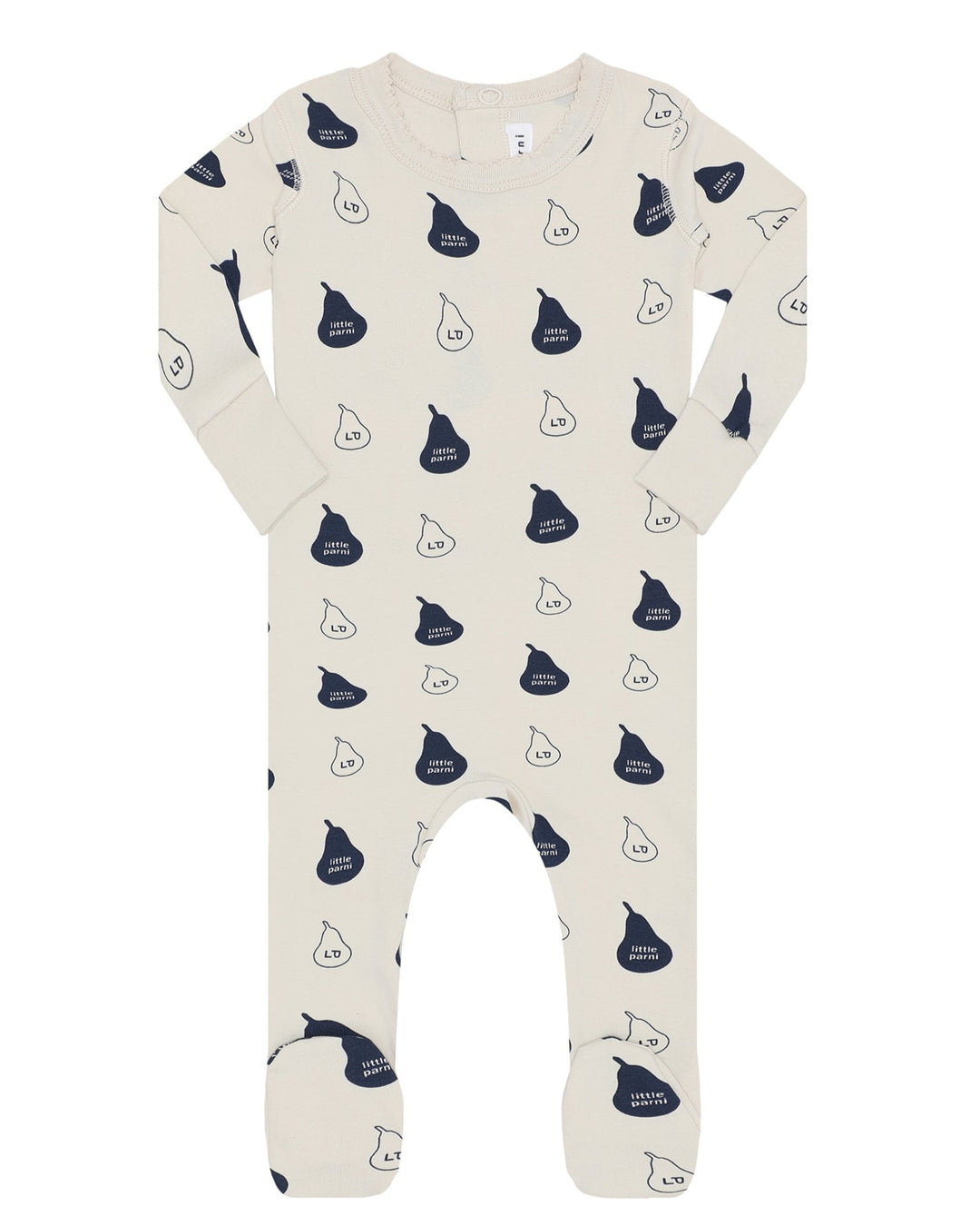 Baby onesie with navy pear pattern on a white background.