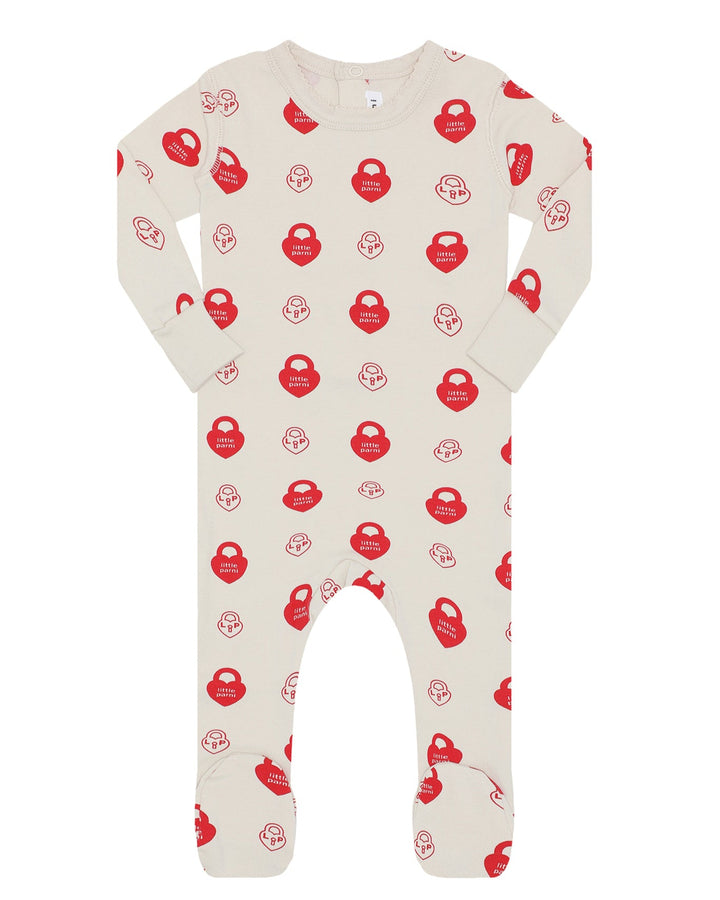 Baby onesie with red and black pattern on a white background.