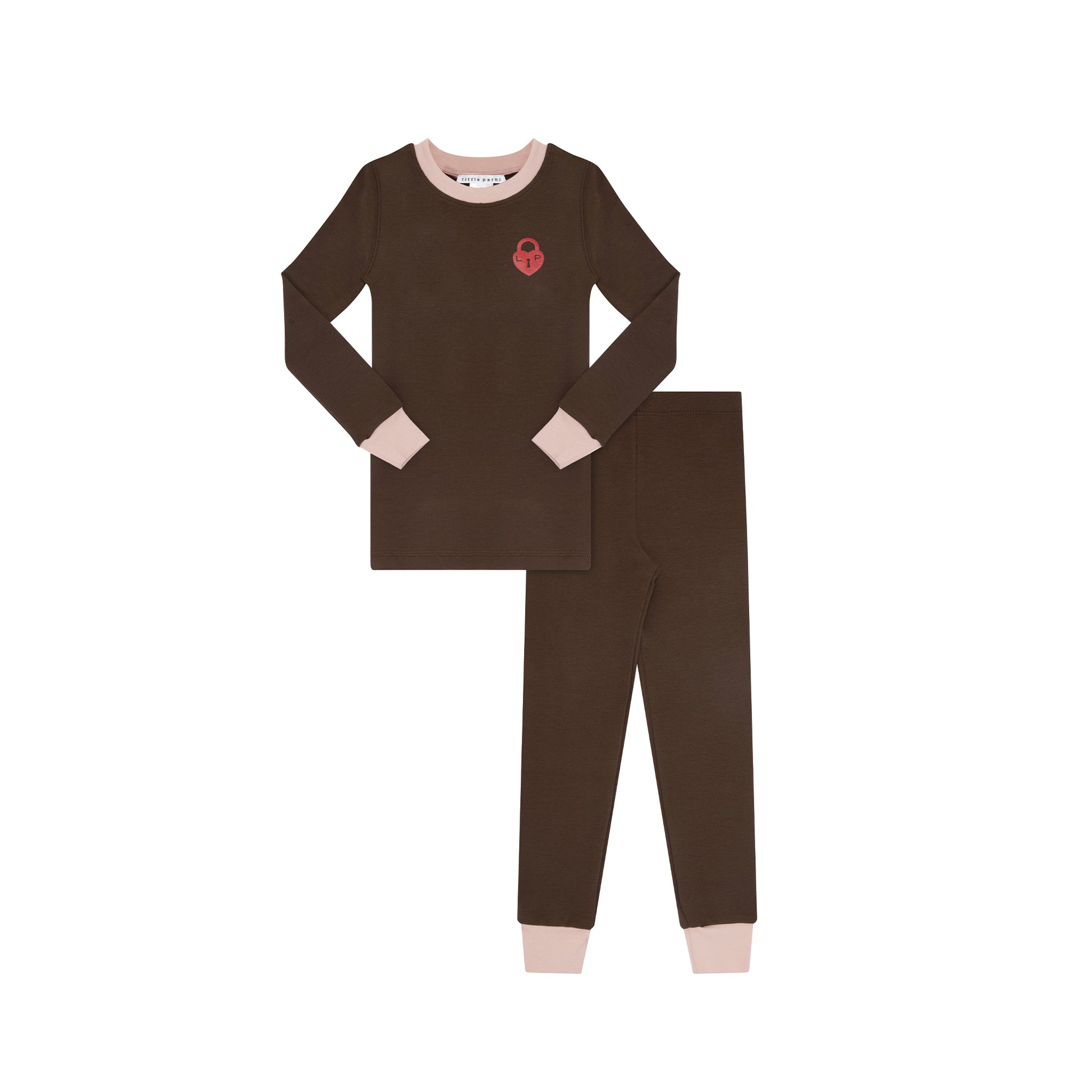 A two-piece children's pajama set in dark brown, featuring a long-sleeve top with light beige ribbed collar, cuffs, and a small red heart emblem on the chest, paired with matching dark brown pants with light beige cuffs.