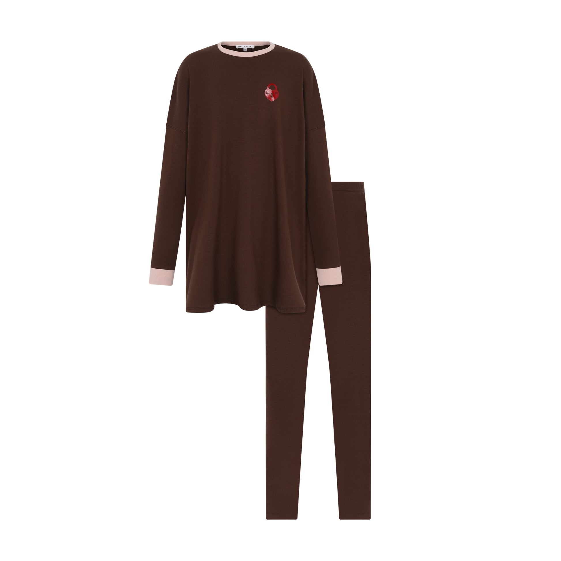 A two-piece pajama set in dark brown, featuring a long-sleeve top with light beige cuffs and a small red embroidered flower on the chest, paired with matching slim-fit pants, shown on a plain white background.