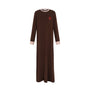 A long-sleeve brown maxi nightgown with light pink ribbed cuffs and a small red heart logo on the left chest, displayed on a clean white background.