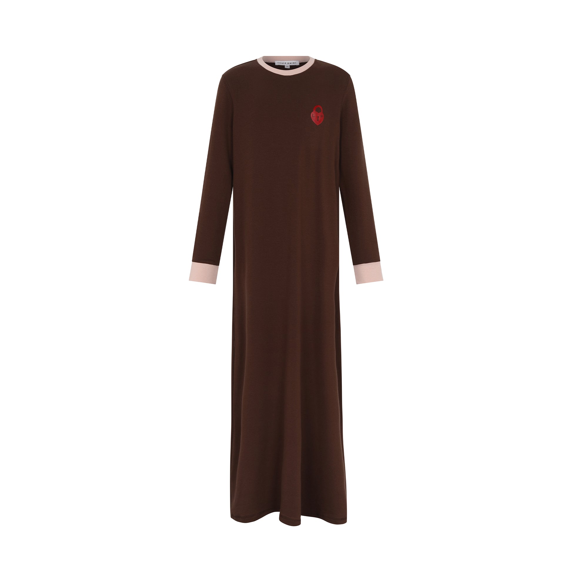 A long-sleeve brown maxi nightgown with light pink ribbed cuffs and a small red heart logo on the left chest, displayed on a clean white background.