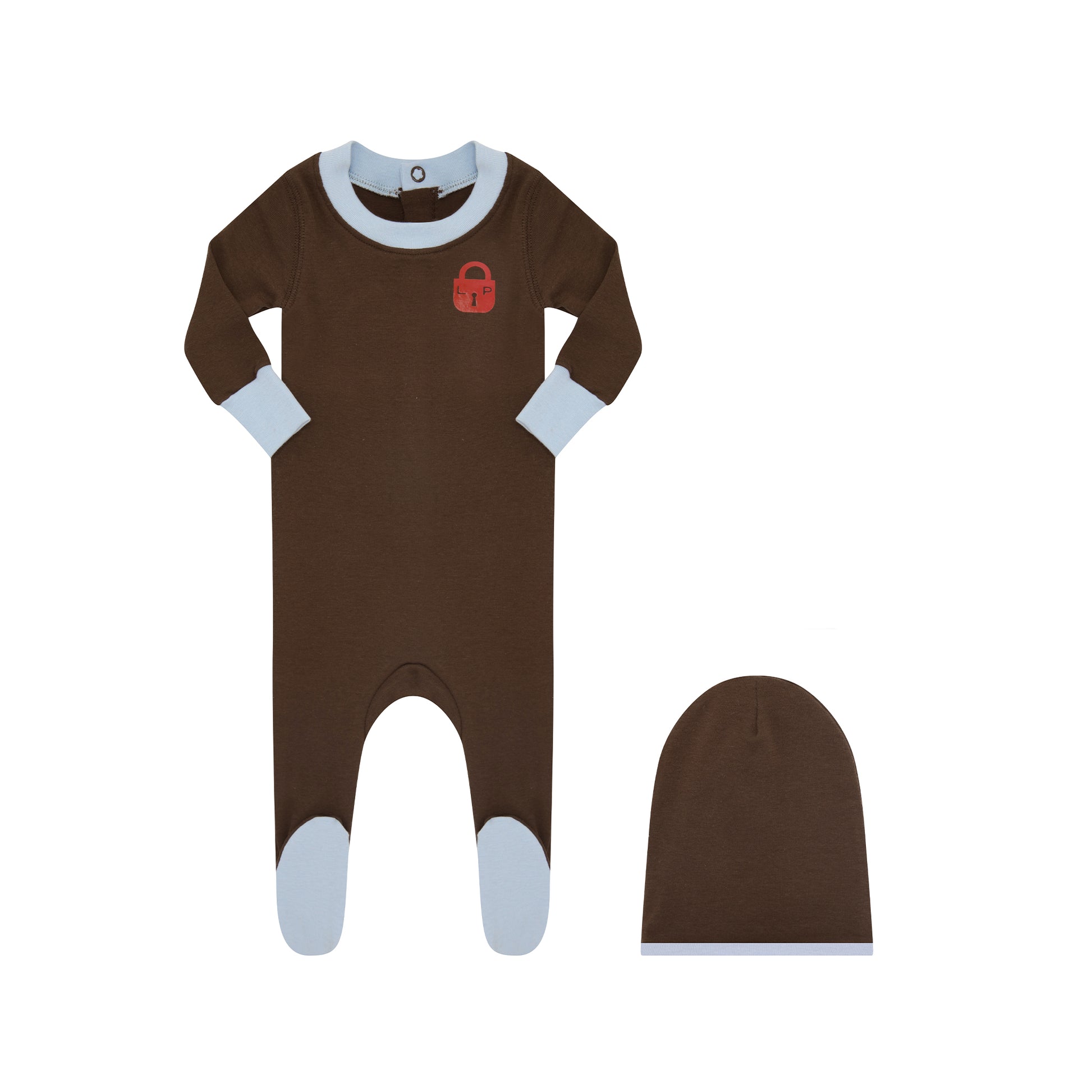 A baby's two-piece clothing set featuring a long-sleeve footless romper in dark brown with light blue cuffs and foot covers, and a matching brown beanie hat with a light blue edge, displayed on a solid white background.